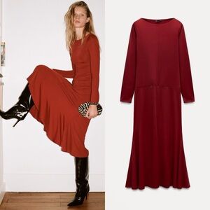 NWT ZARA LONG GODET DRESS - Dark red